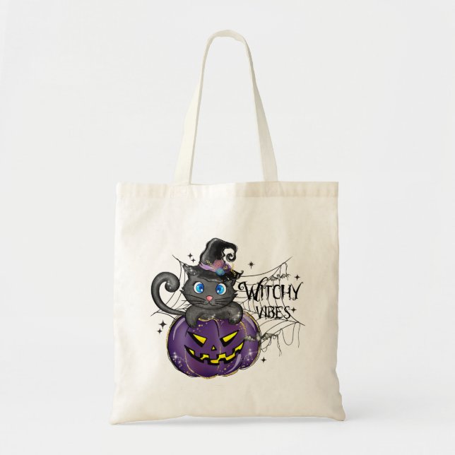 Witchy Vibes | WItch Black Cat and Jack-O-Lantern Tragetasche (Vorne)