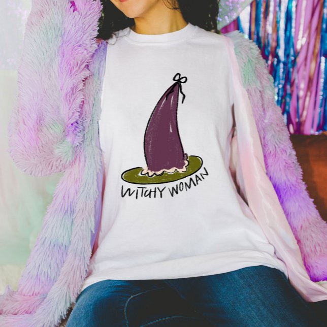 Witchy Woman Lila & Green Hexen Hat Halloween T-Shirt (Witchy Woman witch's hat illustration and hand lettering t-shirt.)