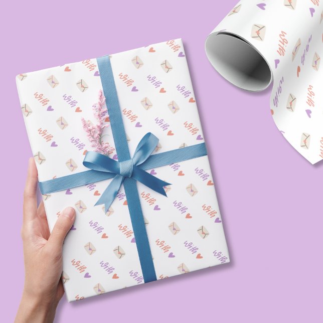 With Love Wrapping Paper in Pink Purple and White Geschenkpapier (All occasion wrapping paper that shares a message of love for any recipient.)