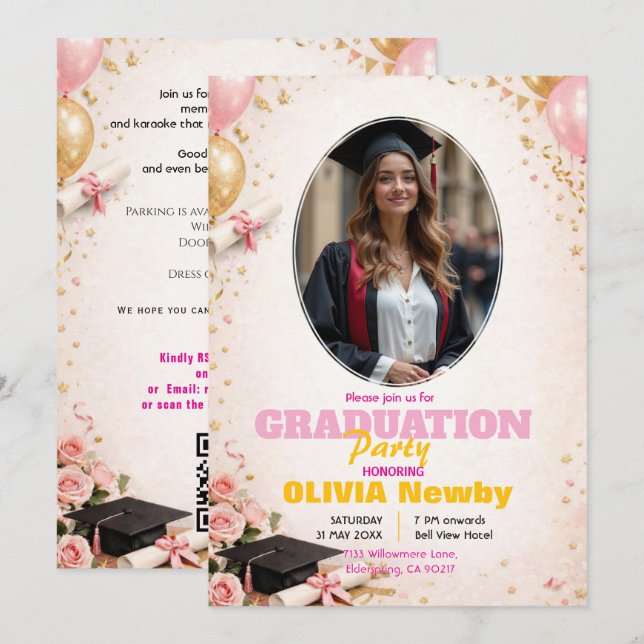🎓With QR code Pink &  Balloon Glow Graduation Einladung (Vorne/Hinten)