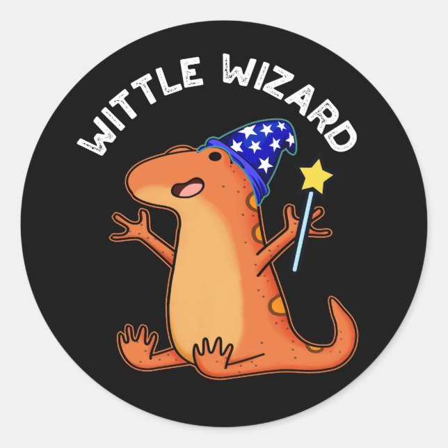 Wittle Wizard Funny Lizard Pun Dark BG Runder Aufkleber (Vorderseite)