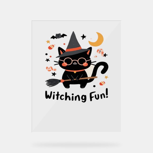 Wittling Black Cat mit Broom - Niedliches Hallowee Acrylschild (Vorderseite)