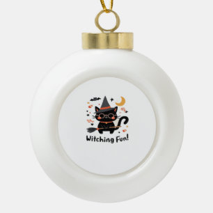 Wittling Black Cat mit Broom - Niedliches Hallowee Keramik Kugel-Ornament