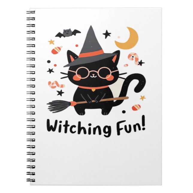 Wittling Black Cat mit Broom - Niedliches Hallowee Notizblock (Vorderseite)