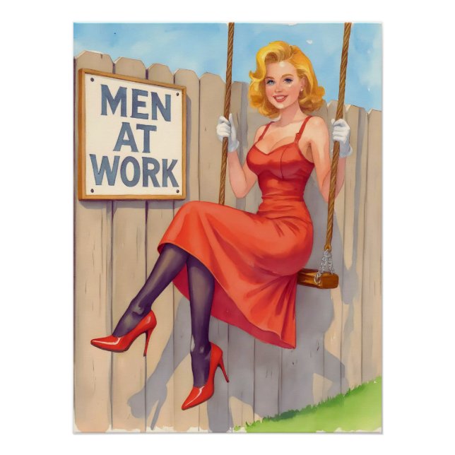 Witty Retro Pin-Up Girl - "Men at Work" Poster (Vorderseite)