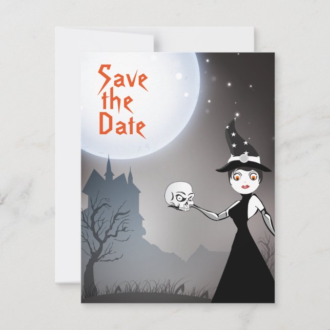 Witz- und Skull-Paar Full Moon Halloween Hochzeit Save The Date (Vorderseite)