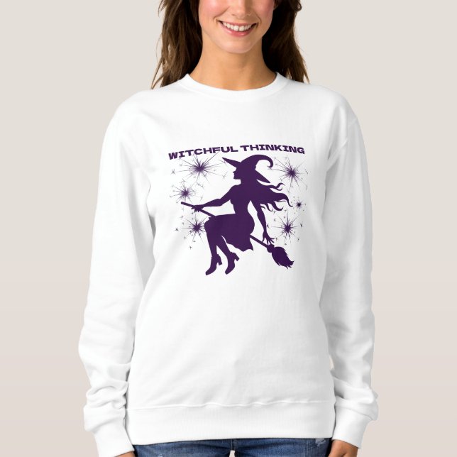 Witzige Denkzauberhexe auf Broom Halloween Sweatshirt (Vorderseite)