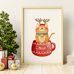 Witzige Katze im Cup Rentier Antlers Red Nose Xmas Poster