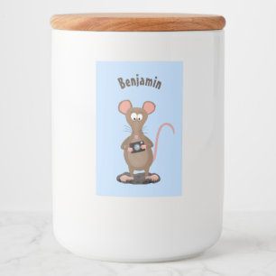 Witzige Ratte mit Kamera-Cartoon-Illustration Lebensmitteletikett