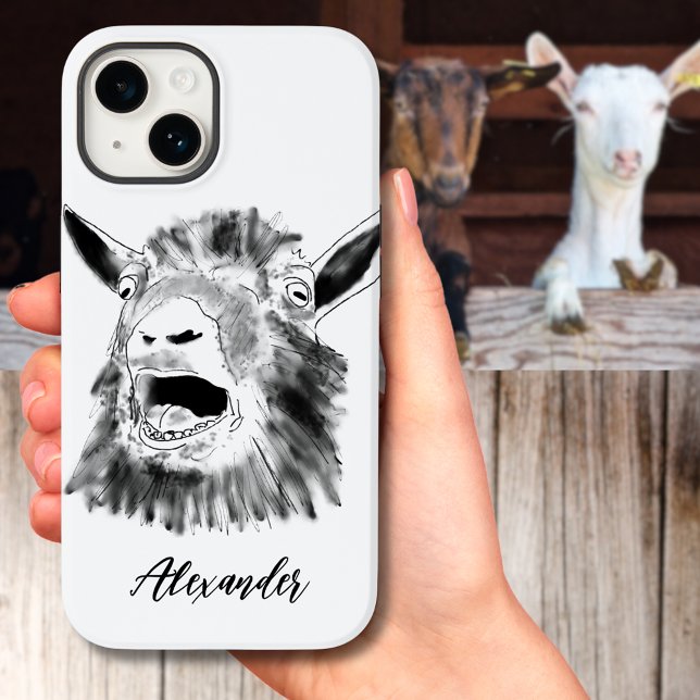 Witzige schreiende Ziege Schwarz und Weiß Name Case-Mate iPhone Hülle (Funny screaming goat black and white illustration add name typography script iPhone case)
