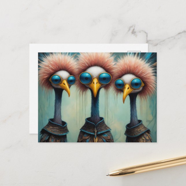 Witzige Vögel in Sweaters Postkarte (Vorderseite/Rückseite Beispiel)