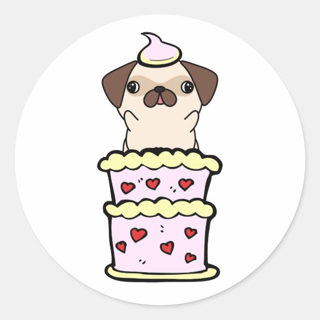 Witziger Mops springt aus einem Kuchen Runder Aufkleber (Vorderseite)