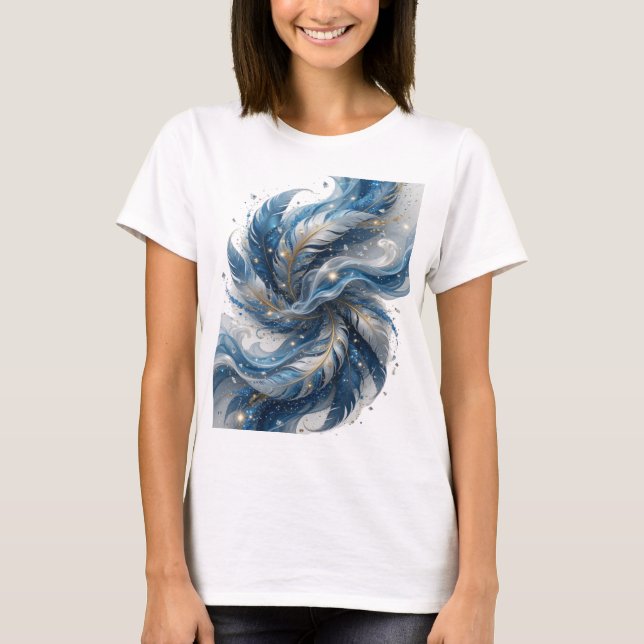 Witziges Silber BLUE FEATHERS Slogan Design T-Shirt (Vorderseite)