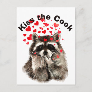 Witziges Zitat Kiss the Cook Niedliche Raccoons, T Postkarte