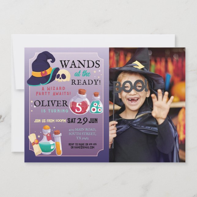 Wizard Birthday Party Wands Halloween Foto Einladung (Vorderseite)