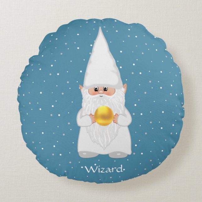 Wizard Gnome & Gold auf Sapphire Blue Rundes Kissen (Vorderseite)