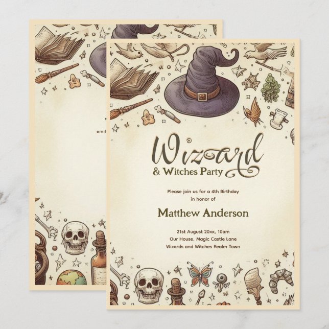 Wizard Hexen Party Magical Wands Hats Vintag Einladung (Vorne/Hinten)