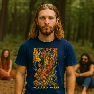 Wizard on Gnarly Tree Retro Psychedelic Art T-Shirt