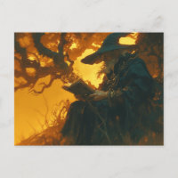 Wizard Reading unter einer Tree-Postkarte