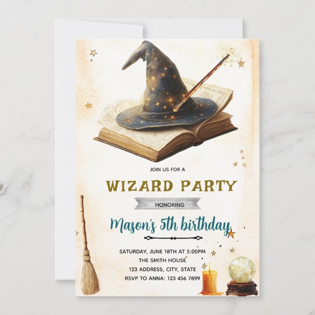 Wizard witch birthday party invitation einladung (Vorderseite)