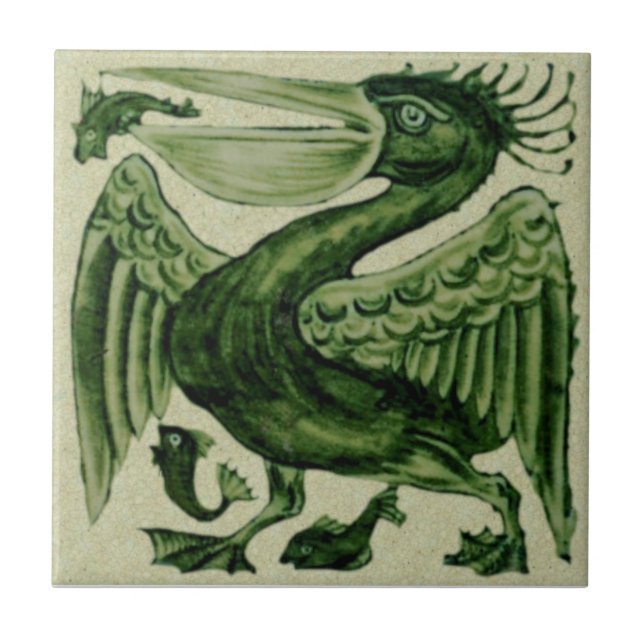 WM De Morgan Green Pelican Repro Keramik Tile Fliese (Vorderseite)