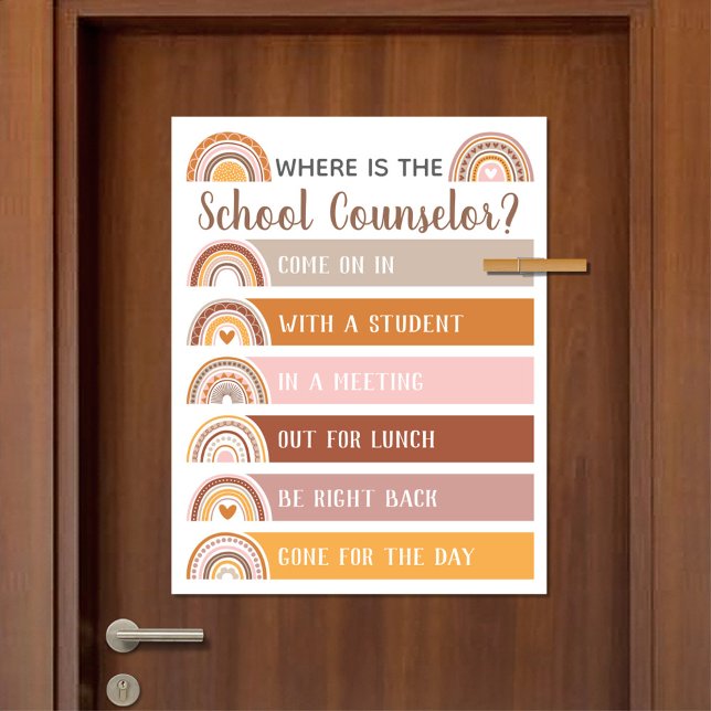 Wo befindet sich der Schulberater für Türsignatur Poster (Where Is The School Counselor Office Door Sign in Boho Rainbow Design)