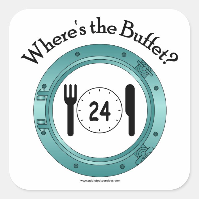 Wo ist das Buffet? Quadratischer Aufkleber (Vorderseite)