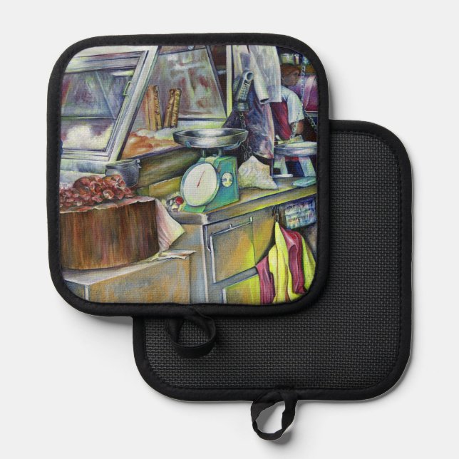 Wo ist der Fischkopf Curry? Singapur Topflappen (Vorderseite/Rückseite)