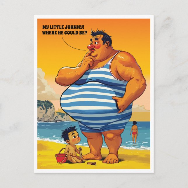 Wo ist mein kleiner Johnny, feiner Mann am Strand, Postkarte (Vorderseite)