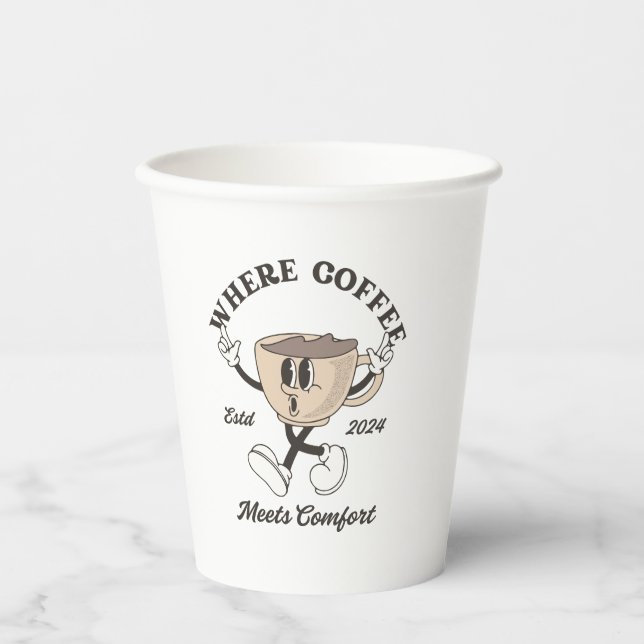 Wo Kaffee auf Komfort trifft Papiertasse Pappbecher (Vorderseite)