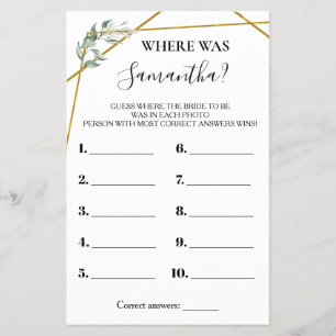 Wo war die Bride Greenery Gold Shower Game Card? Flyer