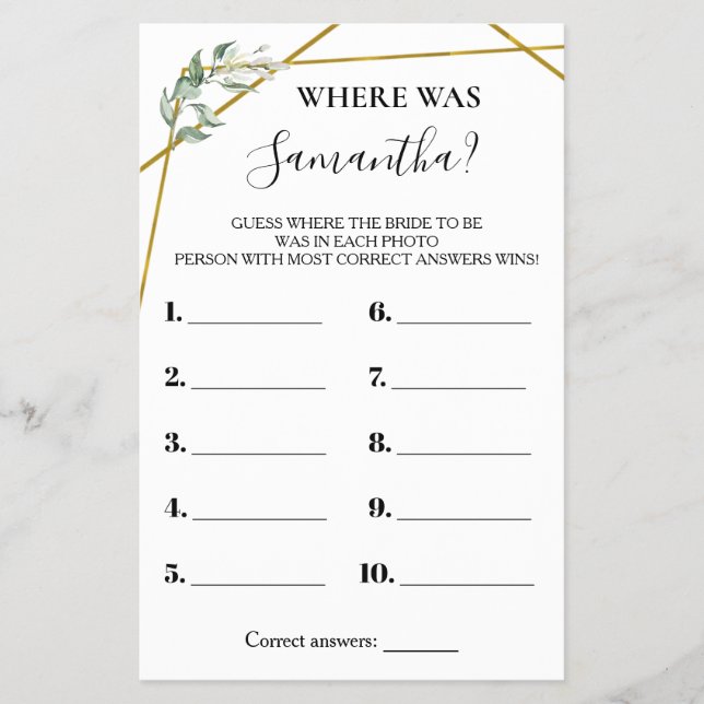 Wo war die Bride Greenery Gold Shower Game Card? Flyer (Vorne)