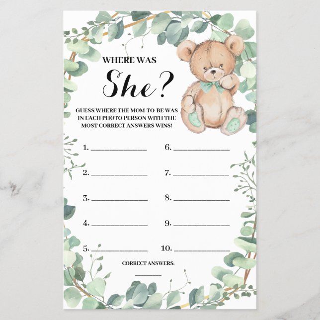 Wo war sie Bear Greenerenery Baby Shower Game Card Flyer (Vorne)