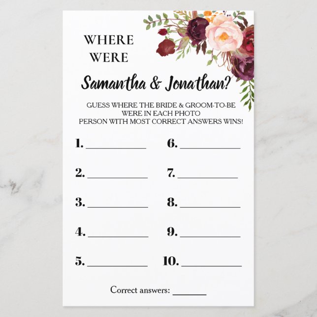 Wo waren sie Marsala Blume Brautparty Game (Vorderseite)