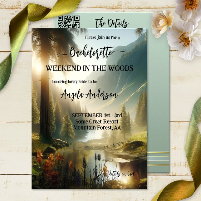 Wochenende im Wald Bachelorette Einladung (A weekend in the woods bachelorette invitation featuring an enchanted forest in the mountains)