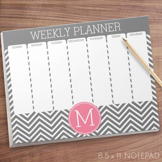 Wochenplaner Grau-Pink-Chevronen mit Monogramm Notizblock (Weekly Planner Notepad - Personalized)