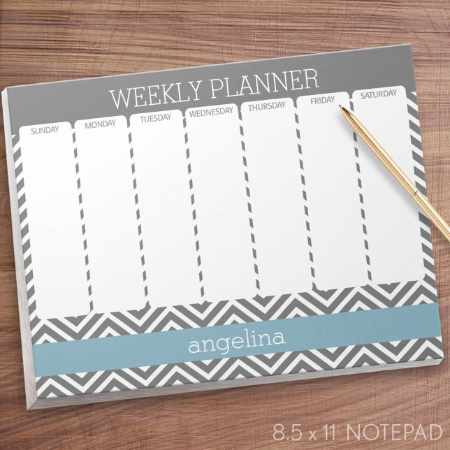 Wochenplaner Robin Egg Blue und Gray Chevrons Notizblock (Weekly Planner Notepad - Personalized)