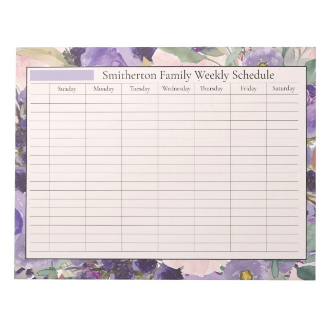 Wochenplaner Zeitplan Rosa violette Blumen Notizblock (Vorderseite)