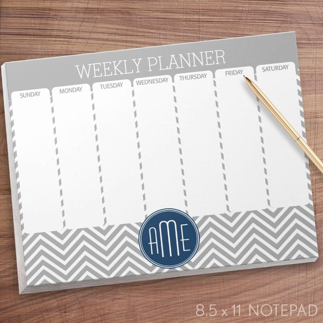 Wöchentlicher Navy- und Grauer Zickzack Musterplan Notizblock (Weekly Planner Notepad - Personalized)