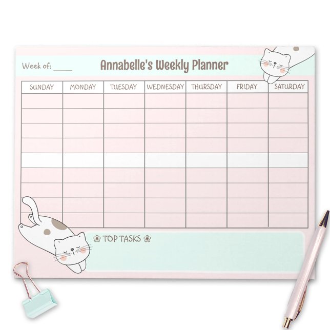 Wöchentlicher Planer Niedlich Katzenpink Blauer Na Notizblock (Weekly Planner Cute Cat Pink Blue Name Tear Away Notepad)