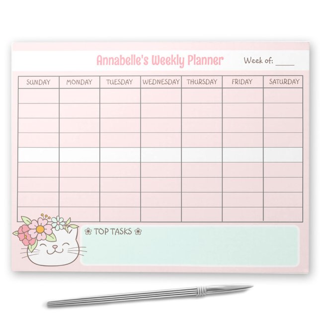 Wöchentlicher Planer Niedlich Katzenrosa Namensrei Notizblock (Weekly Planner Cute Cat Pink Name Tear Away Notepad)