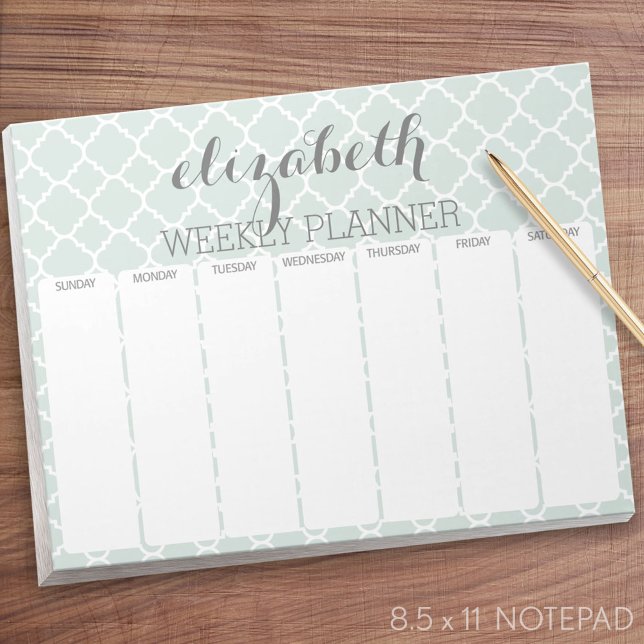 Wöchentliches Muster für Minze & Gray Quatrefolien Notizblock (Weekly Planner Notepad - Personalized)