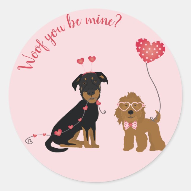 Wof you be mine Valentine Hunde Runder Aufkleber (Vorderseite)