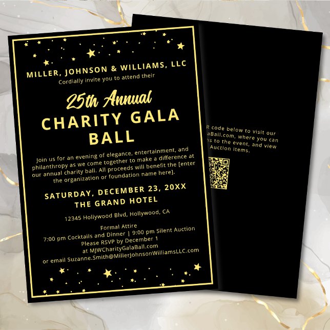 Wohltätigkeit Fundraiser Gala Event Elegantes Schw Einladung (Elegant Charity Fundraiser Ball Corporate Celebration Silent Auction in Black with Gold Stars.)
