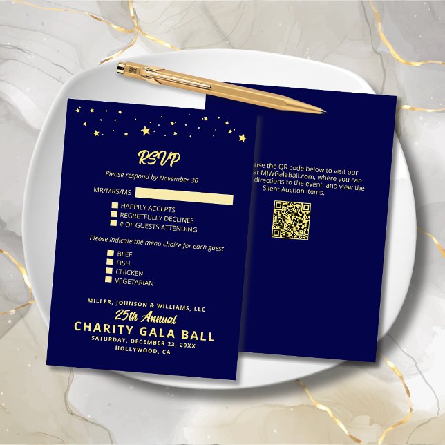 Wohltätigkeit Fundraiser Gala Event Navy Blue Gold RSVP Karte (Charity Fundraiser Gala Event Navy Blue and Gold RSVP Card with Menu Options, Event Details.)