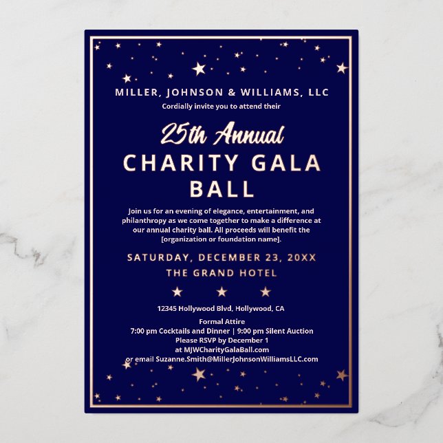 Wohltätigkeit Gala Ball Elegante Blaue Rose Gold Folieneinladung (Vorderseite)