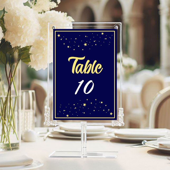 Wohltätigkeit Gala Ball Event Elegante Goldenes Pa Tischnummer (Charity Ball Gala Event Table Number in Navy Blue and Gold with Stars.)