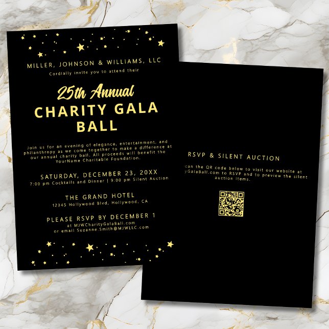 Wohltätigkeit Gala Ball Fundraiser Black Gold Einladung (Company Charity Gala Ball Silent Auction Fundraiser Black and Gold Invitation with QR Code, Stars.)