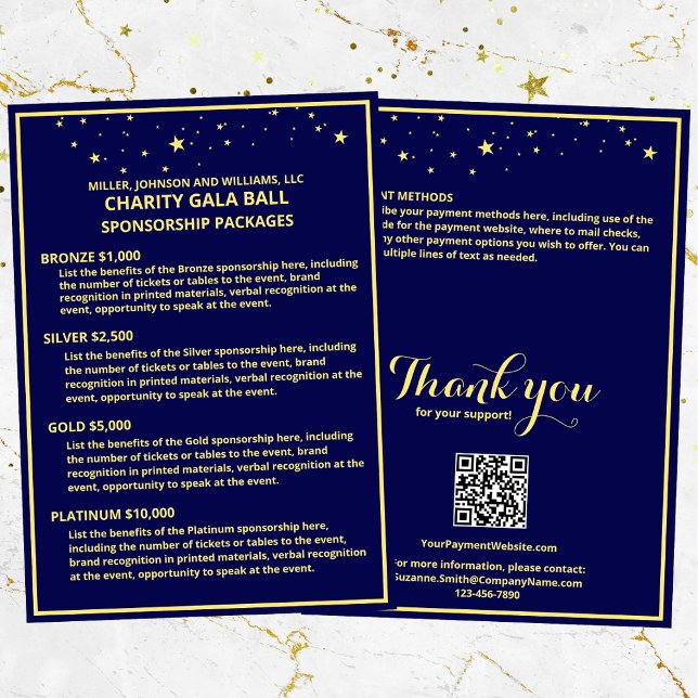 Wohltätigkeit Gala Ball Sponsoring Card Blue Gold  Ankündigung (Charity Gala Ball Sponsorship Packages, customize for your event, with a QR code for payments.)