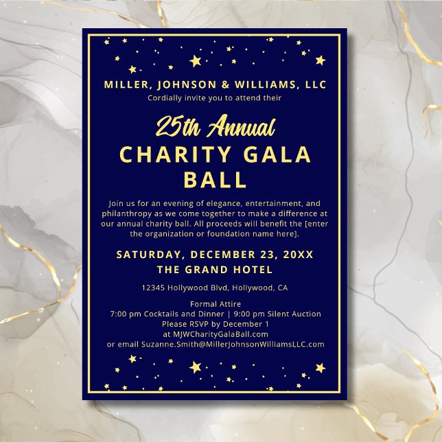 Wohltätigkeit Gala Ball Stille Auktion Elegantes b Einladung (Annual Charita Gala Ball Silent Auction Fundraiser Invitation in Navy Blue and Gold with Gold Stars.)